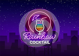 Cocktail logo in neon style. Rainbow Cocktail. Neon sign, Design template for drinks, alcoholic beverages. Light banner