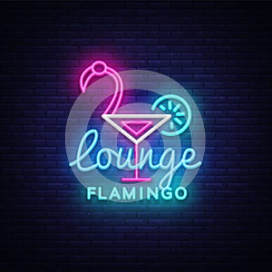 Cocktail lounge neon sign vector. Flamingo concept Design template neon sign, summer light banner, neon signboard