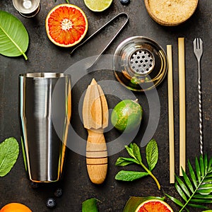 Cocktail making bar tools, shaker, tropical fruits and leaves