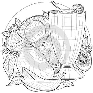 Cocktail with mango, coconut,carom fruit, kiwi and raspberry. Delicious dessert.Coloring book antistress for children and adults