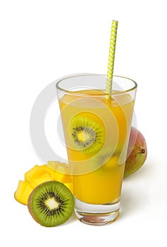 Cocktail with mango, kiwi, pineaple and rum isolated on white background. Selected focus.