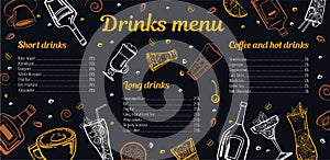 Cocktails, coffee and hot drinks menu design template with list of drinks and images of bottles, glasses and mugs. Vector outline