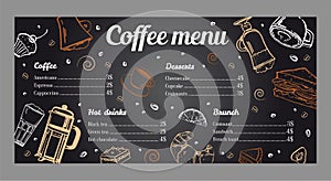 Coffee menu design template with list of hot drinks, brunch and desserts