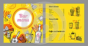 Cocktail menu design template with list of cold and hot drinks. Vector outline vintage hand drawn illustration