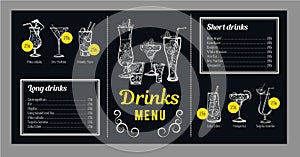 Cocktail menu design template with list of drinks and graphics with cocktails. Vector outline hand drawn illustration