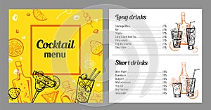 Cocktail menu design template with list of drinks. Vector outline colorful vintage hand drawn illustration