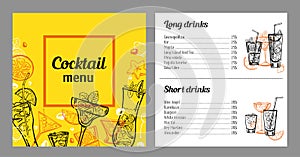 Cocktail menu design template with list of drinks. Vector outline vintage hand drawn illustration