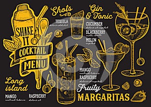 Cocktail menu template for restaurant on a blackboard background vector illustration brochure for food and drink bar. Design