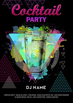 Cocktail mojito on artistic polygon watercolor background. Cocktail disco party poster