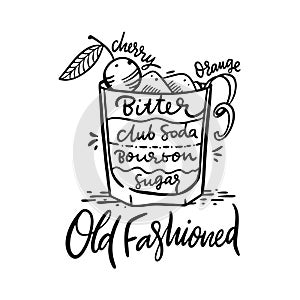 Cocktail Old Fashioned and its ingredients in vintage style. Hand draw vector illustration