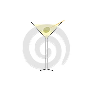 Cocktail with olive on toothpick isolated on white background. Trendy alcohol drink. Tasty flat vector illustration