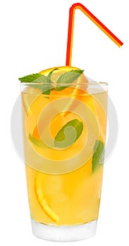 Cocktail with orange and lemon juice with ice cubes