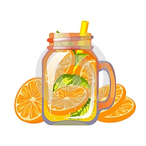 Cocktail with orange. Refreshing drink in a can with orange. Summer orange juice. Smoothie with fresh fruit.