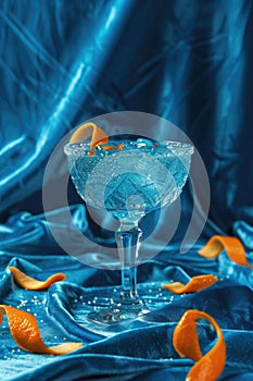 Cocktail with orange twist in a crystal glass on a blue satin background