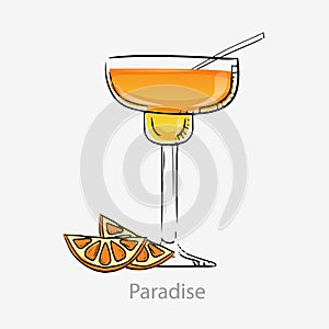 Cocktail paradise. Orange cocktail with orange slice straws alcohol aperitif gin.