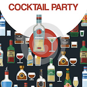 Cocktail party alcohol bottles vector illustration. Bar menu poster. Invitation Card with bottles of whiskey, scotch