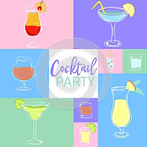 Cocktail party banner with summer cocktails. Motivational print for poster, textile, card. Summer holidays and travel concept