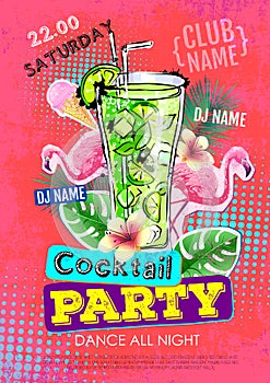 Cocktail party disco poster design. Zine cutlure style