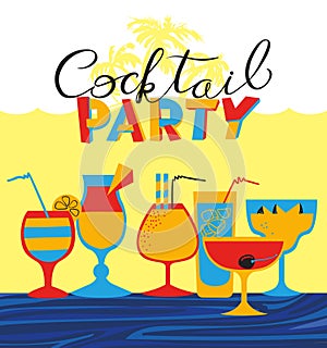 Cocktail party holiday invitation. Background with summer sea an