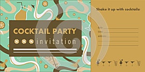 Cocktail party horizontal invitation card template with cocktails, citrus, waves.