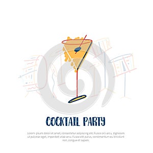 Cocktail party invitation card with glass and drum instruments on background. Colorful composition