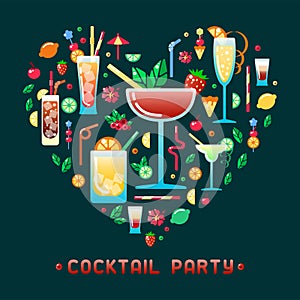 Cocktail party invitation consepts with alcohol cocktails different types and decorations photo