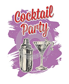 Cocktail Party Invitation Poster. Hand Drawn Vector Illustration