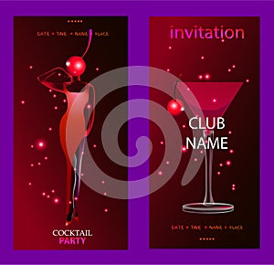 cocktail party Invitation . Silhouette of a girl in red and a cocktail with a cherry