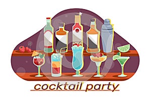 Cocktail party, various cold alcoholic drinks in glasses different forms. Colored bright shots and tropical long drinks