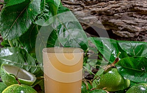 Cocktail and passion fruit juice Passiflora edulis Sims and fresh green fruits on a woody background