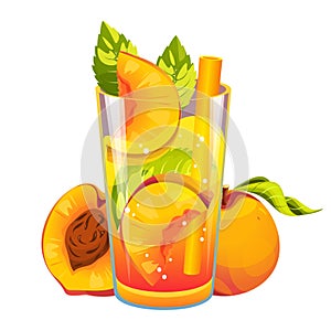Cocktail with peach. Fruity summer juice. Smoothie with fresh fruit. Lemonade with peach.