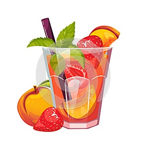 Cocktail with peach, strawberry and mint.A summer refreshing drink.