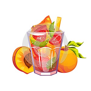 Cocktail with peach, strawberry and mint. Summer refreshing drink, lemonade.