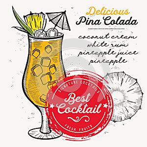 Cocktail pina colada, drink flyer for bar.