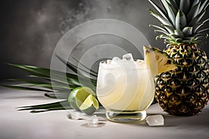Cocktail Pina Coladas with pineapple and lime on a dark background