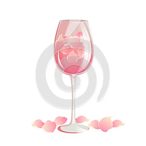 Cocktail with rose petals in a glass.Pink champagne, wine for Valentine\'s day,wedding.