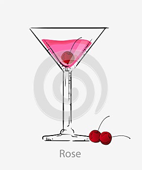 Cocktail rose. Red cocktail cherry long drink alcoholic dry vermouth cherry.
