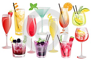 Cocktail set.Summer refreshing classic drinks in various glasses.