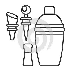 Cocktail shaker, jigger, liquor pourers thin line icon, bar concept, bartender mixing set vector sign on white