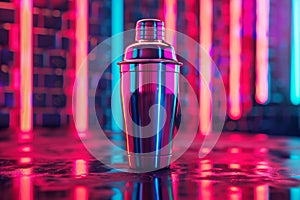 Cocktail Shaker on Neon Background, Singl Bar Drink Mixer, Metal Cocktail Shaker, Copy Space