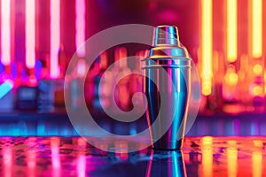 Cocktail Shaker on Neon Background, Singl Bar Drink Mixer, Metal Cocktail Shaker, Copy Space
