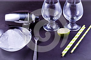 Cocktail shaker, two glass lime and straws/Cocktail shaker, two