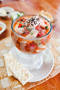 Cocktail of shrimps, mexican seafood in Mexico bowl of spicy food with shrimps