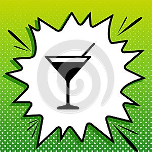 Cocktail sign illustration. Black Icon on white popart Splash at green background with white spots. Illustration