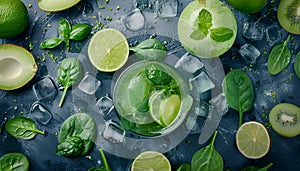 Cocktail of spinach and green vegetables and fruit, drink background, top view