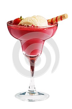 Cocktail with strawberry, ice-cream and tubule over white background