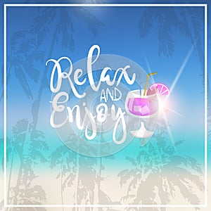 Cocktail summer blurred sea bokeh beach background frame design badge vacation season holidays lettering for logo