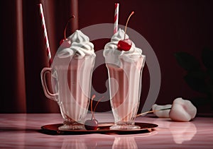 cocktail sweet ice milkshake drink cream pink beverage retro glass. Generative AI.