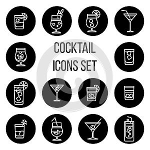 Cocktail thin line vector icons set in black and white