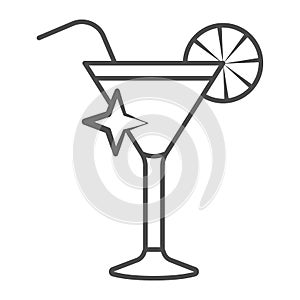 Cocktail in triangular glass thin line icon, Bartenders Day concept, martini glass sign on white background, cocktail
